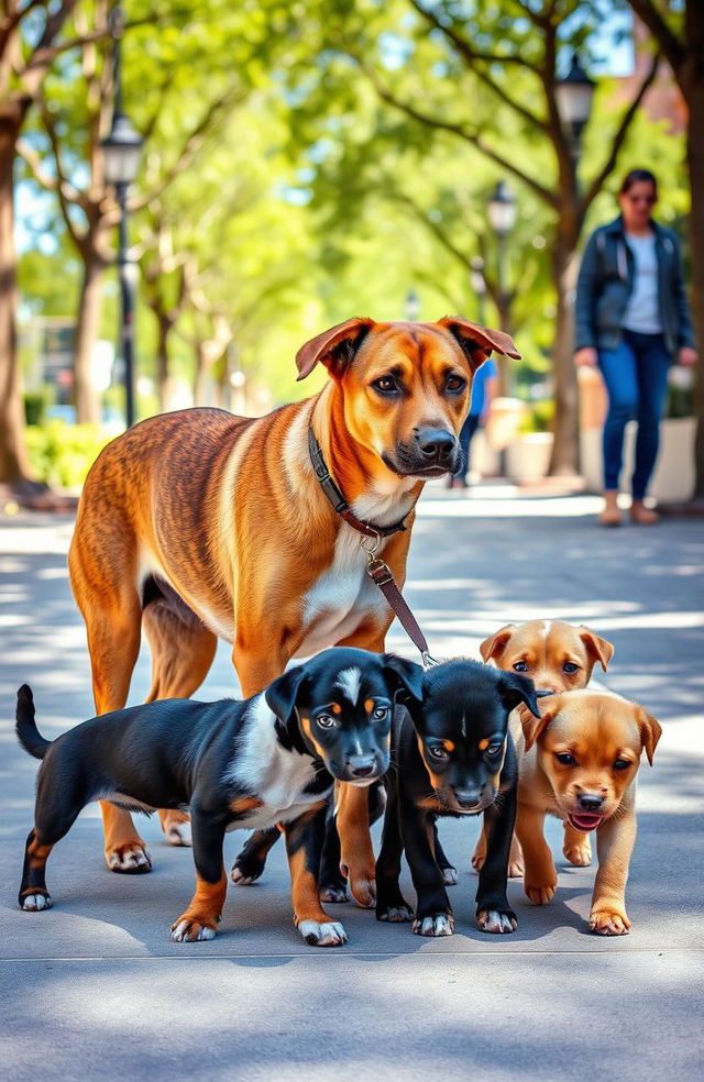 A heartwarming scene featuring a stray mother dog and her three playful puppies walking together on a sidewalk