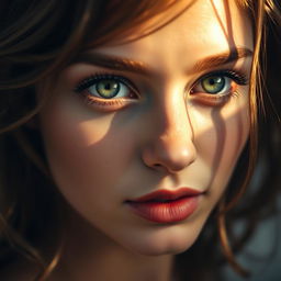 An intimate close-up shot of a young woman with striking features and a captivating gaze