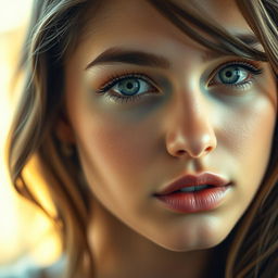 An intimate close-up shot of a young woman with striking features and a captivating gaze