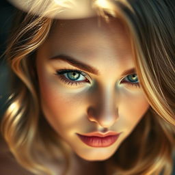 An intimate close-up shot of a young woman with striking features and a captivating gaze