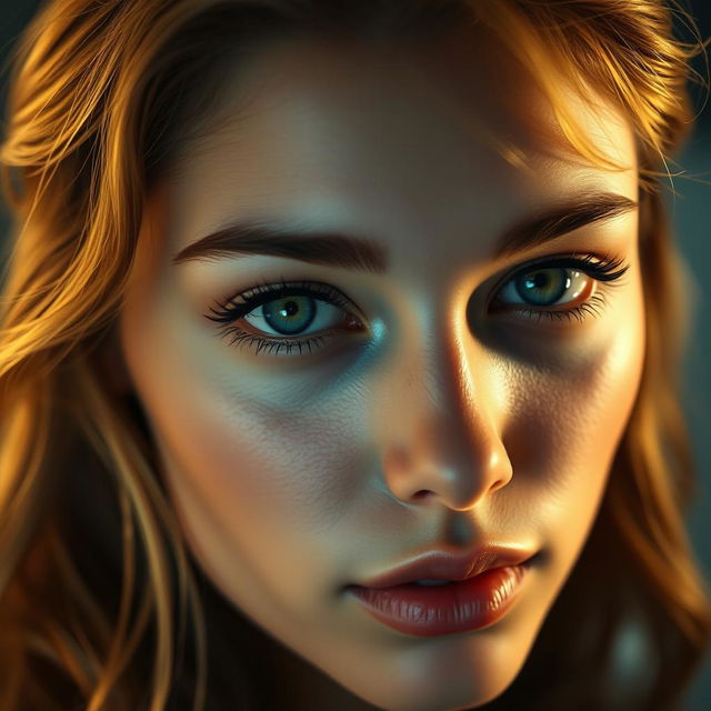 An intimate close-up shot of a young woman with striking features and a captivating gaze