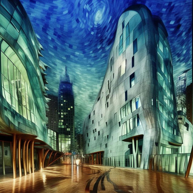 A Vincent Van Gogh inspired cityscape painting featuring Zaha Hadid architectural elements