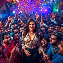 A dynamic and chaotic scene depicting a dense crowd of men enthusiastically engaging in a festival-like environment while showcasing a famous Bollywood actress, styled as Kriti Sanon, in a vibrant and artistic way