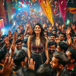 A dynamic and chaotic scene depicting a dense crowd of men enthusiastically engaging in a festival-like environment while showcasing a famous Bollywood actress, styled as Kriti Sanon, in a vibrant and artistic way