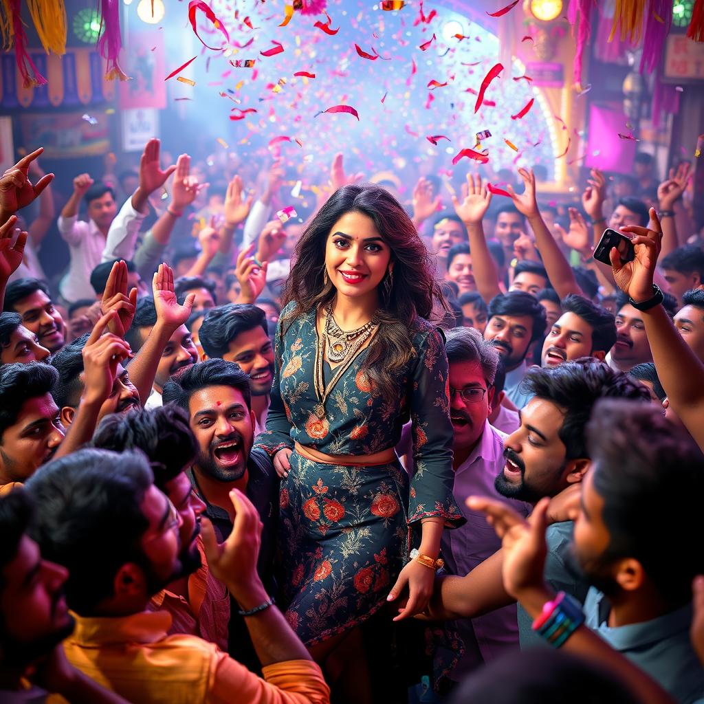 A dynamic and chaotic scene depicting a dense crowd of men enthusiastically engaging in a festival-like environment while showcasing a famous Bollywood actress, styled as Kriti Sanon, in a vibrant and artistic way