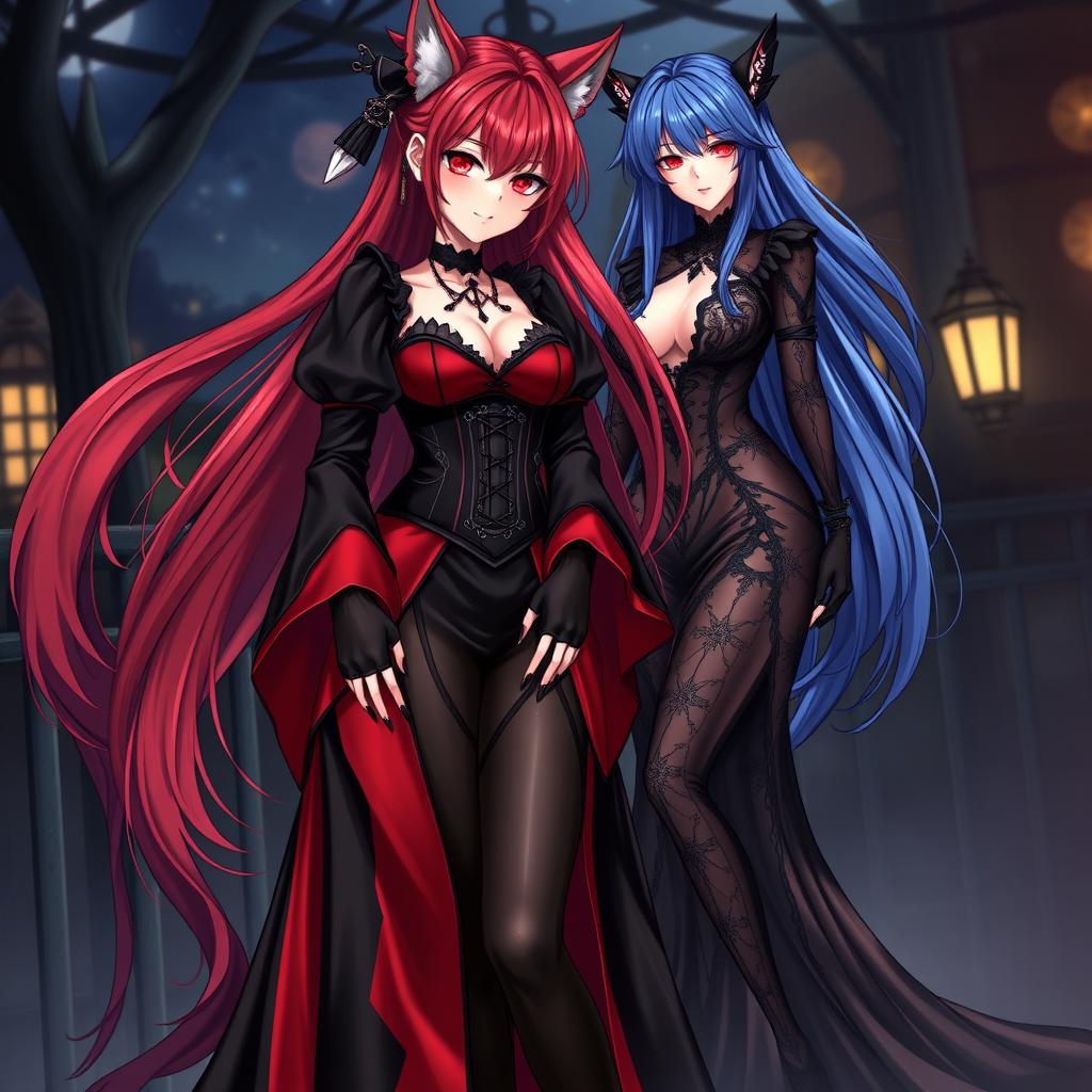 A captivating scene featuring a sexy gothic anime girl Kitsune with long, flowing red hair that reaches her lower back, elegantly styled with a bun