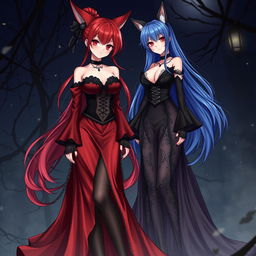 A captivating scene featuring a sexy gothic anime girl Kitsune with long, flowing red hair that reaches her lower back, elegantly styled with a bun