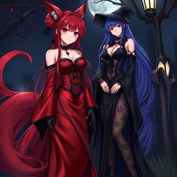 A captivating scene featuring a sexy gothic anime girl Kitsune with long, flowing red hair that reaches her lower back, elegantly styled with a bun