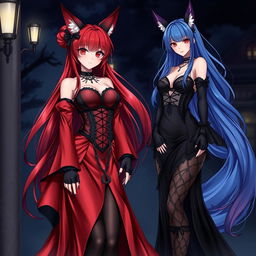 A captivating scene featuring a sexy gothic anime girl Kitsune with long, flowing red hair that reaches her lower back, elegantly styled with a bun