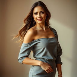 A woman confidently standing, wearing a stylish gray braga