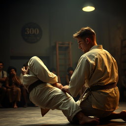 A cinematic long shot of a jiu-jitsu match in a dimly lit gym in Rio de Janeiro, featuring a white man of average height with a strong but thin build, brown hair styled in a crew cut with a slightly longer slicked back top