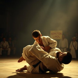 A cinematic long shot of a jiu-jitsu match in a dimly lit gym in Rio de Janeiro, featuring a white man of average height with a strong but thin build, brown hair styled in a crew cut with a slightly longer slicked back top