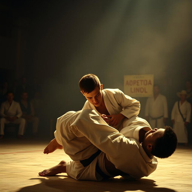 A cinematic long shot of a jiu-jitsu match in a dimly lit gym in Rio de Janeiro, featuring a white man of average height with a strong but thin build, brown hair styled in a crew cut with a slightly longer slicked back top