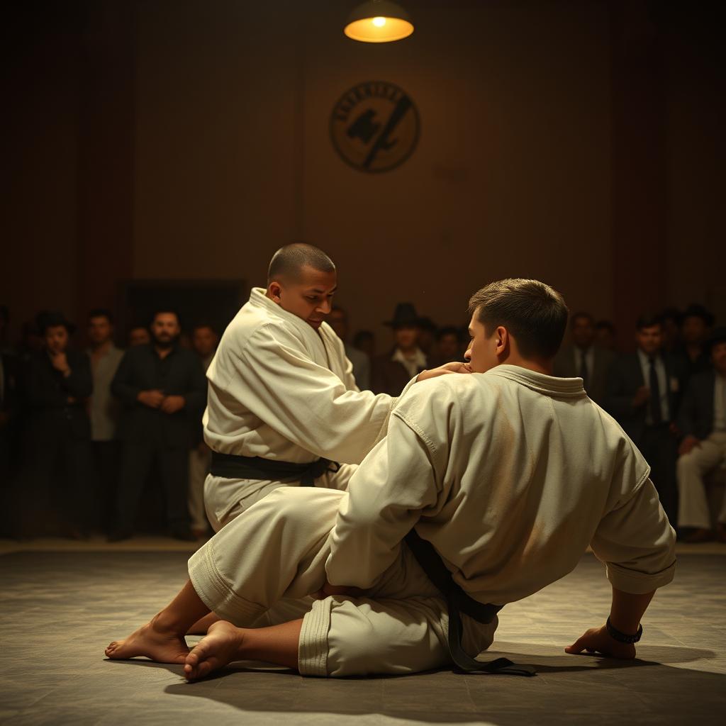 A cinematic long shot of a jiu-jitsu match in a dimly lit gym in Rio de Janeiro, featuring a white man of average height with a strong but thin build, brown hair styled in a crew cut with a slightly longer slicked back top