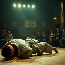 A cinematic long shot of a jiu-jitsu match in a dimly lit gym in Rio de Janeiro, featuring a white man of average height with a strong but thin build, brown hair styled in a crew cut with a slightly longer slicked back top