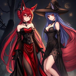 A striking scene featuring a sexy gothic anime girl Kitsune with long, flowing red hair that reaches her lower back, elegantly styled into a bun