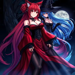 A striking scene featuring a sexy gothic anime girl Kitsune with long, flowing red hair that reaches her lower back, elegantly styled into a bun