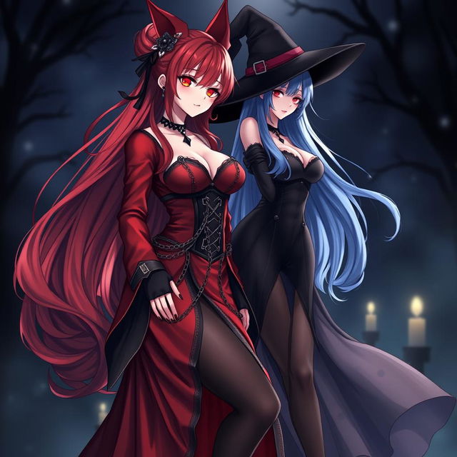 A striking scene featuring a sexy gothic anime girl Kitsune with long, flowing red hair that reaches her lower back, elegantly styled into a bun