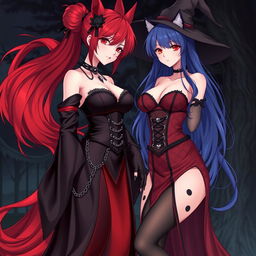 A striking scene featuring a sexy gothic anime girl Kitsune with long, flowing red hair that reaches her lower back, elegantly styled into a bun