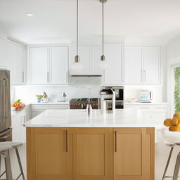 A fully redesigned modern kitchen with sleek appliances, bright lighting, an island in the middle, and white cabinetry.