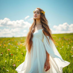 A beautiful woman standing confidently in a sunlit meadow