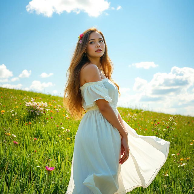 A beautiful woman standing confidently in a sunlit meadow