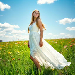 A beautiful woman standing confidently in a sunlit meadow