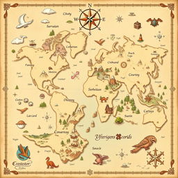 A colorful beige fantasy world map, featuring intricate details such as mountains, rivers, forests, and mystical creatures scattered throughout the landscape