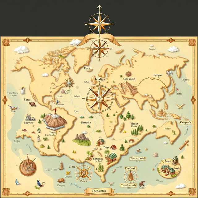 A colorful beige fantasy world map, featuring intricate details such as mountains, rivers, forests, and mystical creatures scattered throughout the landscape