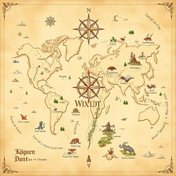 A colorful beige fantasy world map, featuring intricate details such as mountains, rivers, forests, and mystical creatures scattered throughout the landscape