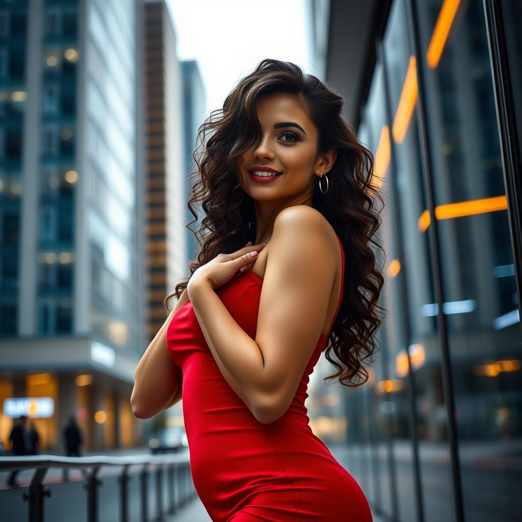 A sexy woman posing confidently in a stylish urban setting