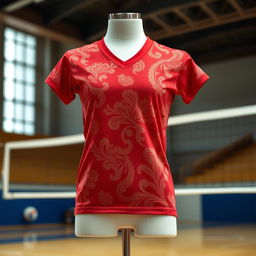 A dynamic red volleyball jersey adorned with intricate Kalimantan batik patterns