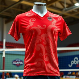 A dynamic red volleyball jersey adorned with intricate Kalimantan batik patterns