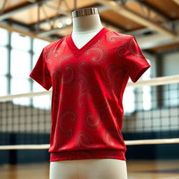 A dynamic red volleyball jersey adorned with intricate Kalimantan batik patterns