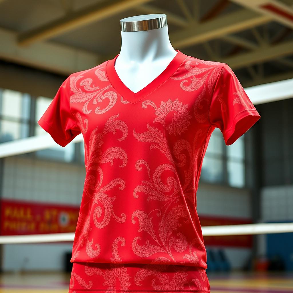 A dynamic red volleyball jersey adorned with intricate Kalimantan batik patterns