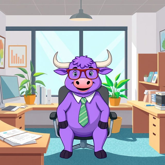 A whimsical illustration of a purple bull sitting in an office chair, surrounded by modern office decor