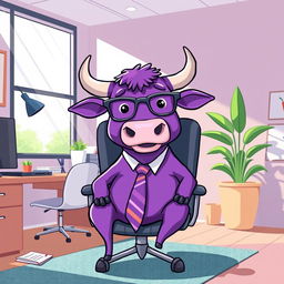 A whimsical illustration of a purple bull sitting in an office chair, surrounded by modern office decor