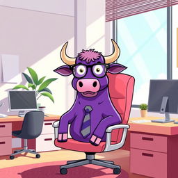 A whimsical illustration of a purple bull sitting in an office chair, surrounded by modern office decor