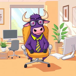 A whimsical illustration of a purple bull sitting in an office chair, surrounded by modern office decor