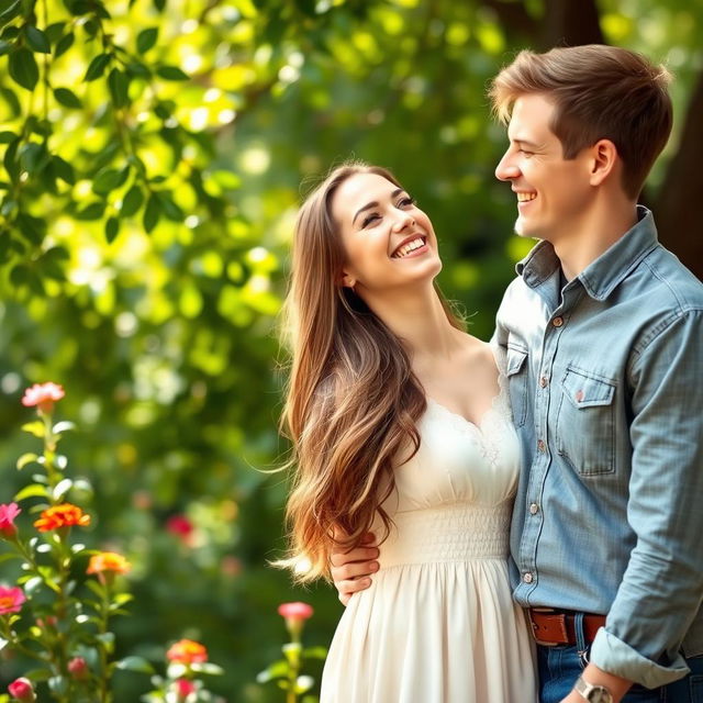 A romantic outdoor portrait of a couple in love, capturing the joyful connection between them