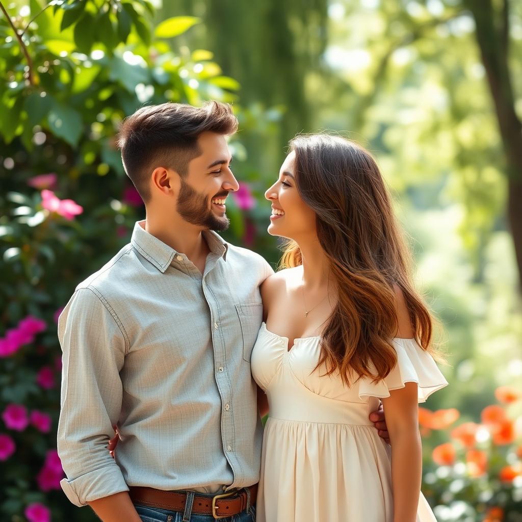 A romantic outdoor portrait of a couple in love, capturing the joyful connection between them