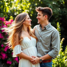 A romantic outdoor portrait of a couple in love, capturing the joyful connection between them