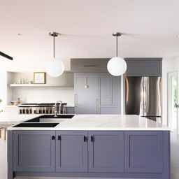 A fully redesigned modern kitchen with sleek appliances, bright lighting, an island in the middle, and white cabinetry.