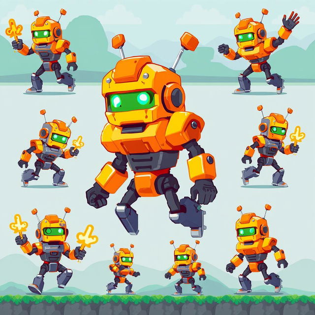 A set of pixel art sprites featuring a robotic hero character