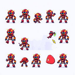A set of pixel art sprites featuring a robotic hero character