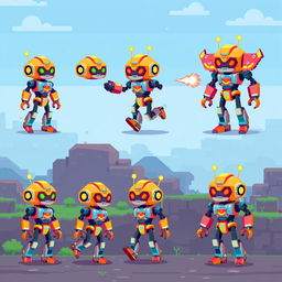 A set of pixel art sprites featuring a robotic hero character