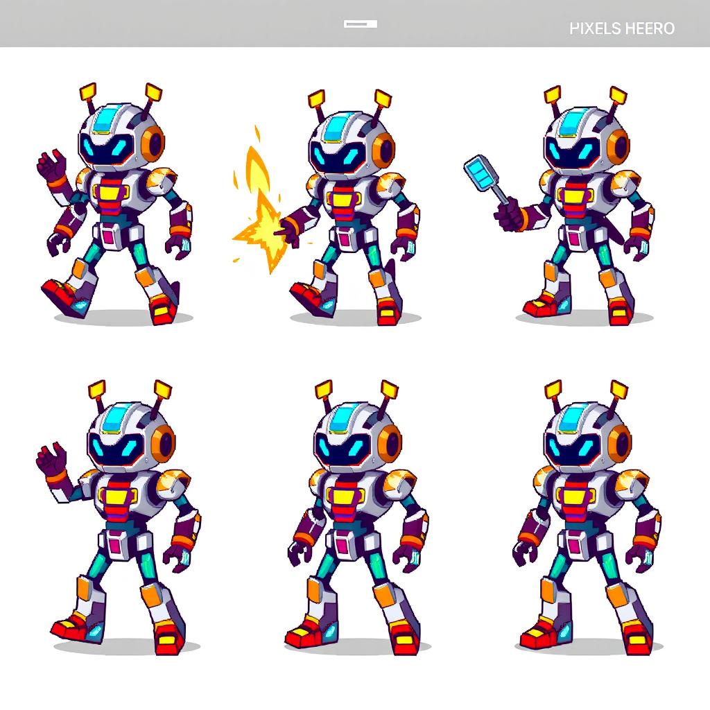 A set of pixel art sprites featuring a robotic hero character