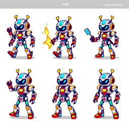 A set of pixel art sprites featuring a robotic hero character