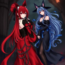 A captivating scene featuring a sexy gothic anime girl Kitsune with long, alluring red hair that flows down to her lower back, styled elegantly in a bun