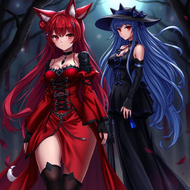 A captivating scene featuring a sexy gothic anime girl Kitsune with long, alluring red hair that flows down to her lower back, styled elegantly in a bun